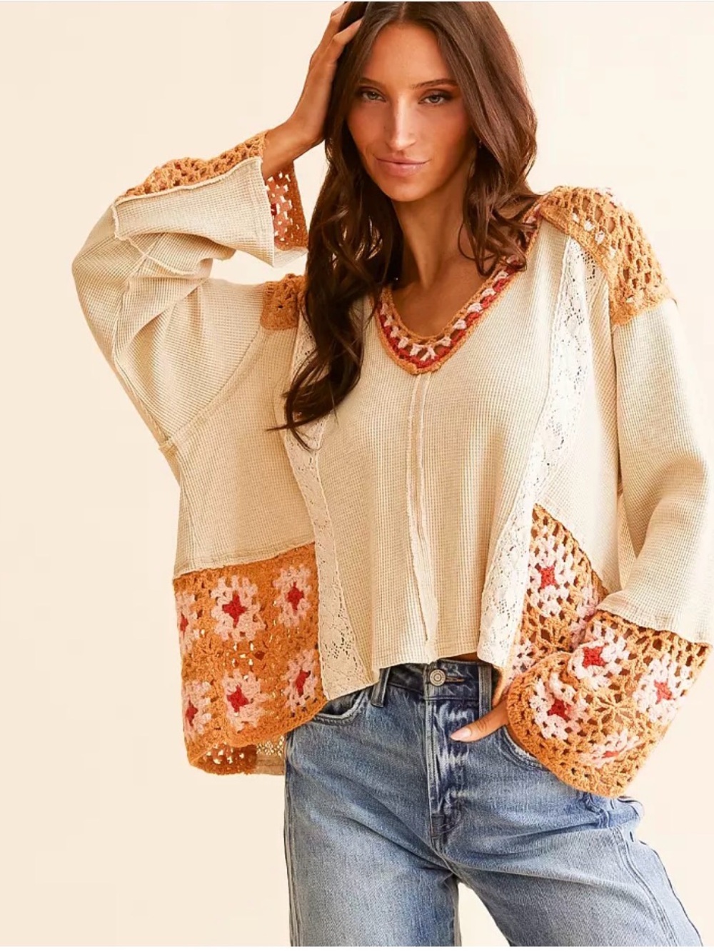 POL clothing Boho Pieced Crochet Hoody
